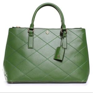 NWT Tory Burch Robinson Stitched Double-Zip Tote in Bottle Green - Pristine!